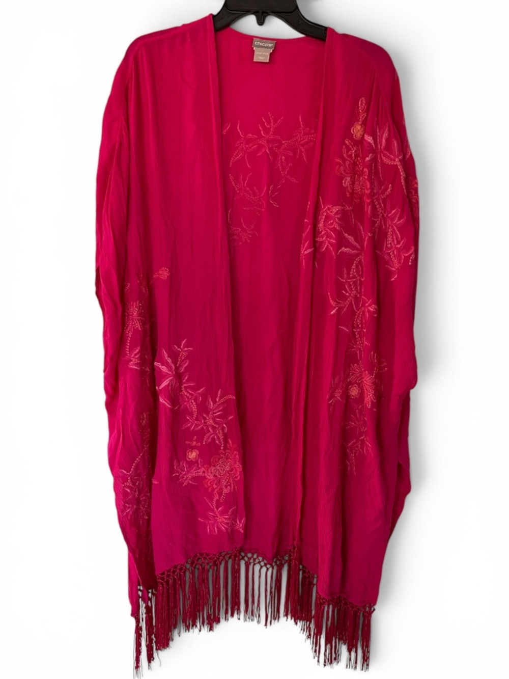 Chicos Bright Fuchsia Embroidered Fringe Kimono beach cover up blouse